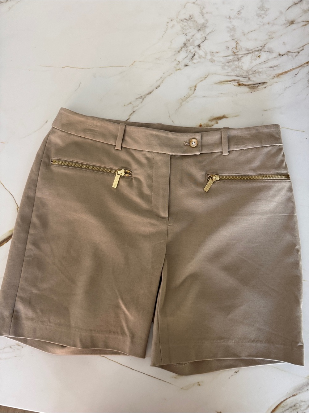 Never worn Michael Kors Women's Tailored Tan Shorts with Gold Zips